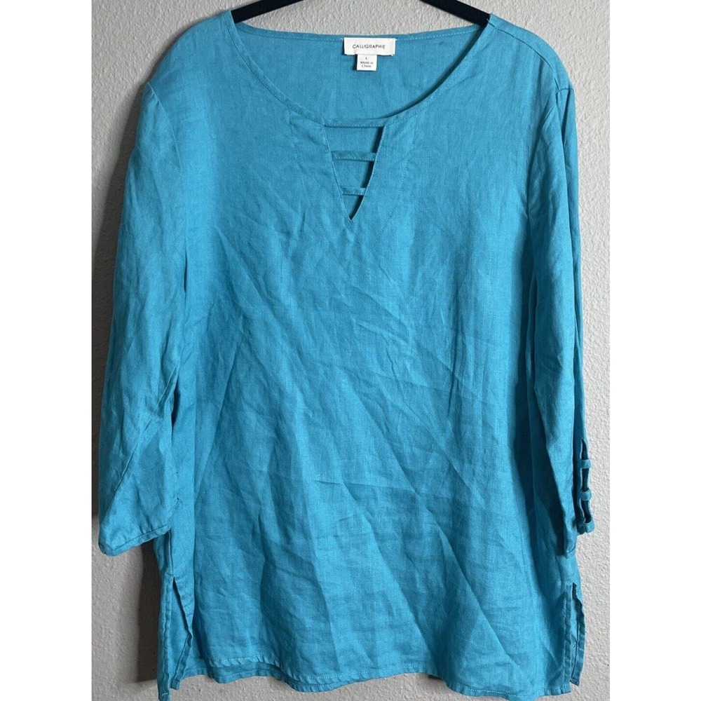 Calligraphie Linen‎ Boho Coastal Top Cutout Neck 3/4 Sleeve Casual Blouse Size L